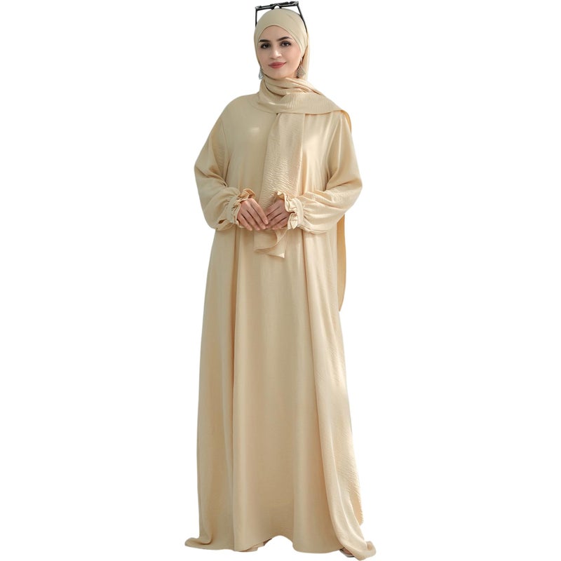 Khalat Women's Beige One Size Maxi Abaya Dress with Hijab Scarf, Lace Sleeve, Flowy, Arabian Robe, Islamic Modest Dress - Image 2