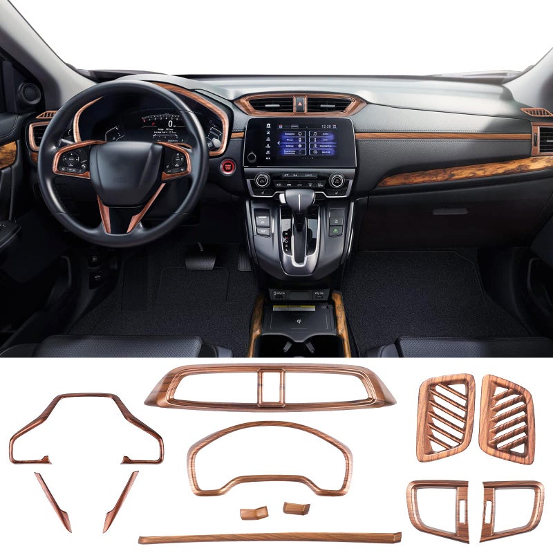 BOLTRY for Honda CRV CR-V 2017~2022 Full Set of Car Interiors Instrument Panel Decorative Center Console Moulding Trim Air Outlet Automotive Steering Wheel Cover Accessories 12Pcs (Wood Grain) - Image 1