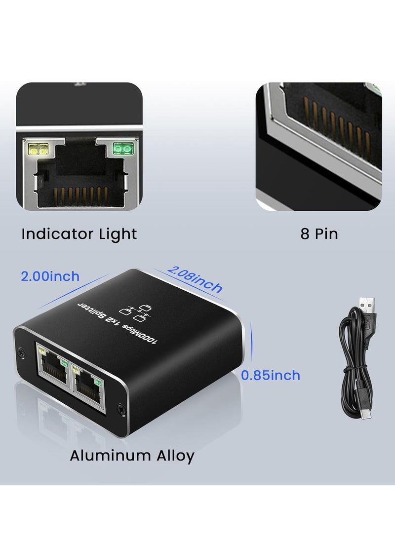 RJ45 Ethernet Splitter 1 to 2, 1000Mbps Network Splitter with USB Power Cable, Gigabit LAN Internet Splitter Connector for Cat5/5e/6/7/8, Support 2 Devices Working Simultaneously