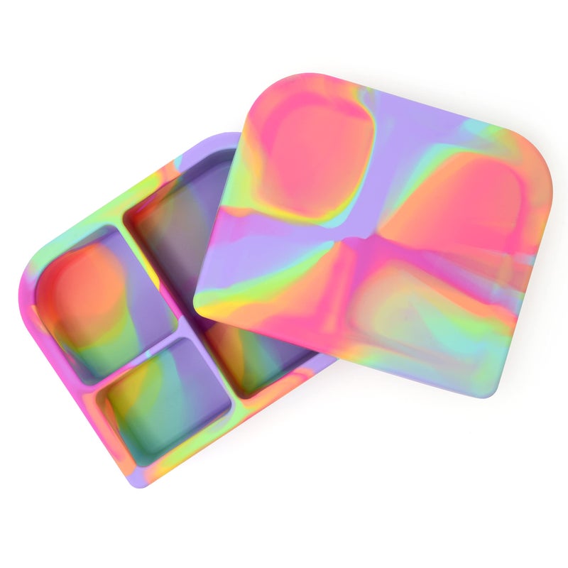 PrimaStella Unbreakable Silicone Lunch Box for Kids and Adults  Leak Proof Divided Bento Box Rainbow Swirl