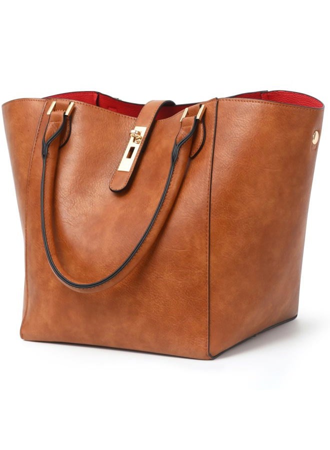 sqlp Large Work Tote Bag for Women Leather Designer Handbags Big Travel bucket bags Ladies Shoulder Bag, Amber Brown, 8.3"L x 10.8"W x 11.5"H, Minimal - Image 1