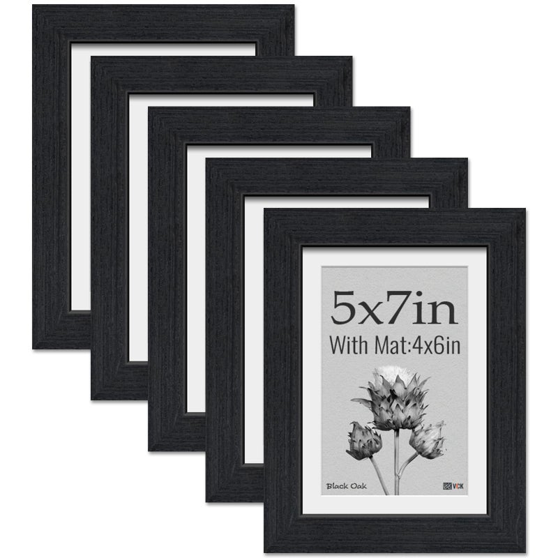 VCK 5x7 Picture Frame 5 Pack, Natural Wood Grain Black Oak & HD Glass, Display 4x6 Photos with Mat or 5x7 without Mat, Tabletop or Wall Hanging - Image 1