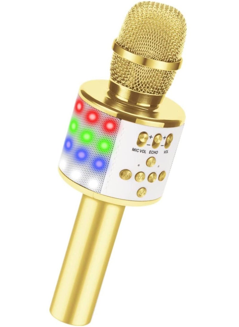 Generic Toy Microphone for Kids, Handheld Bluetooth Microphone for Adults with LED Lights Portable Karaoke Mic Speaker Recorder Machine for Birthday Home Party in Gold  - Image 1