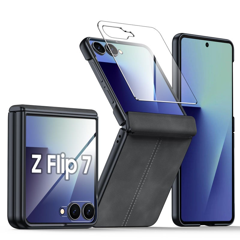 BSNRM for Samsung Galaxy Z Flip 7 Case with Hinge Protection & Built-in Screen Protector, Ultra Thin Stylish Leather Matte PC Durable Shockproof Cover Phone Case for Galaxy Z Flip 7-Black Gray - Image 1