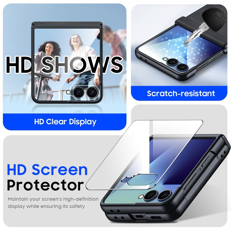 BSNRM for Samsung Galaxy Z Flip 7 Case with Hinge Protection & Built-in Screen Protector, Ultra Thin Stylish Leather Matte PC Durable Shockproof Cover Phone Case for Galaxy Z Flip 7-Black Gray - Image 4