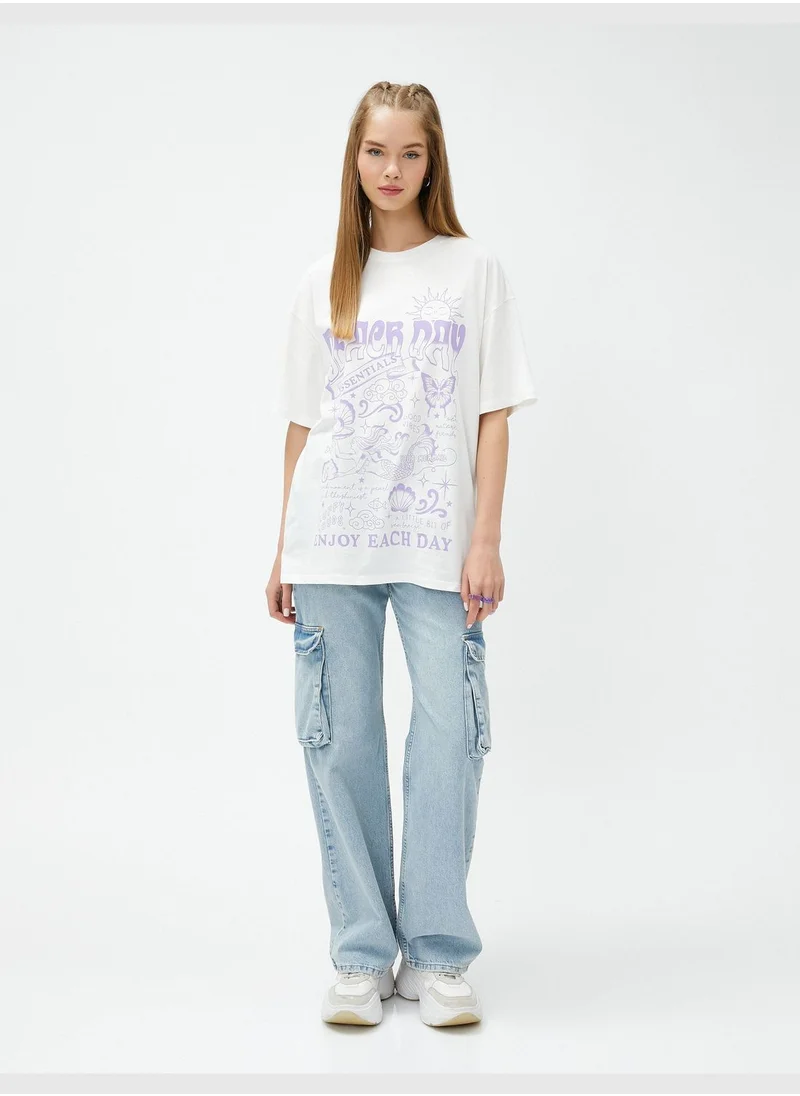 KOTON Short Sleeve Crew Neck Cotton Printed Oversized T-Shirt