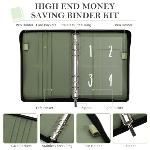 Ospelelf 100 Envelopes Money Saving Challenge Book Zipper Closure Leather 52 Weeks Savings Challenges Budget Planner Binder to Save $10000 $5050 Green - Image 5