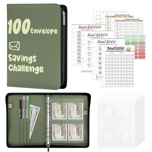 Ospelelf 100 Envelopes Money Saving Challenge Book Zipper Closure Leather 52 Weeks Savings Challenges Budget Planner Binder to Save $10000 $5050 Green - Image 1