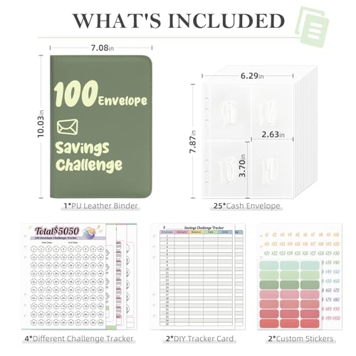 Ospelelf 100 Envelopes Money Saving Challenge Book Zipper Closure Leather 52 Weeks Savings Challenges Budget Planner Binder to Save $10000 $5050 Green - Image 4