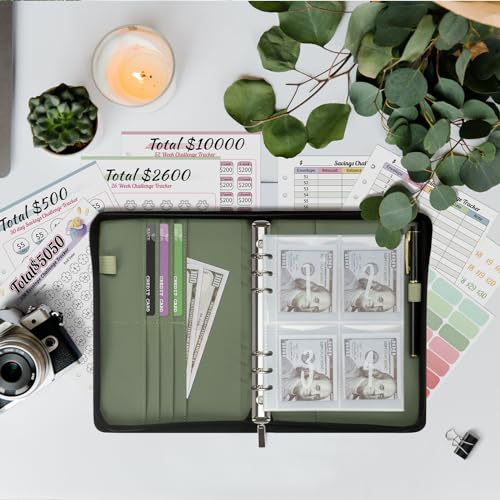Ospelelf 100 Envelopes Money Saving Challenge Book Zipper Closure Leather 52 Weeks Savings Challenges Budget Planner Binder to Save $10000 $5050 Green - Image 2