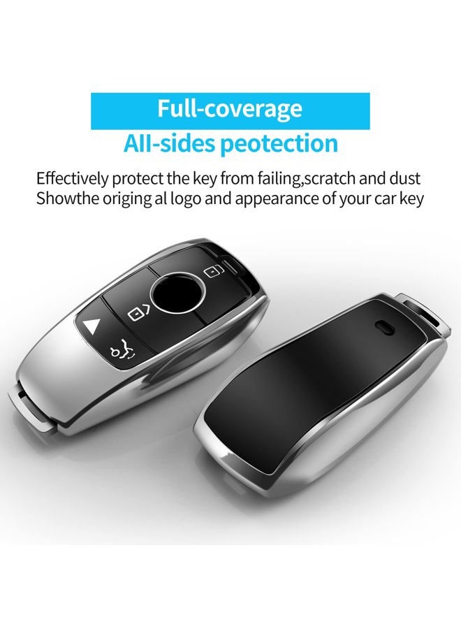 Autophone غطاء مفتاح متوافق مع مرسيدس بنز مع سلسلة مفاتيح، غلاف مفتاح ناعم TPU يوفر حماية 360 درجة لفئة A وفئة C وفئة G من 2017-2020 وفئة E وفئة S (فضي) - Image 3