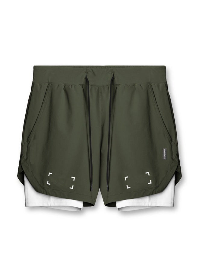 Loquat Five-Point Sports Shorts Quick Drying Double Layer Basketball Pants Anti-Light Running Fitness Summer Green  - Image 1