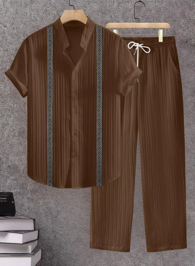 Take Two Men Brown Jacquard Stand Collar Short Sleeve Button Front Shirt and Pants Co-Ords