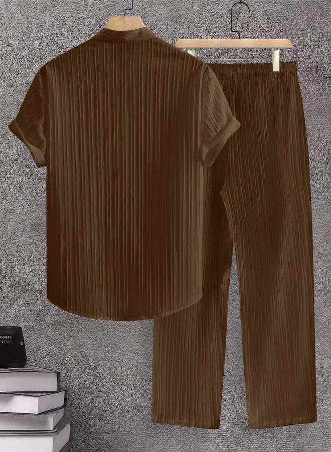 Take Two Men Brown Jacquard Stand Collar Short Sleeve Button Front Shirt and Pants Co-Ords