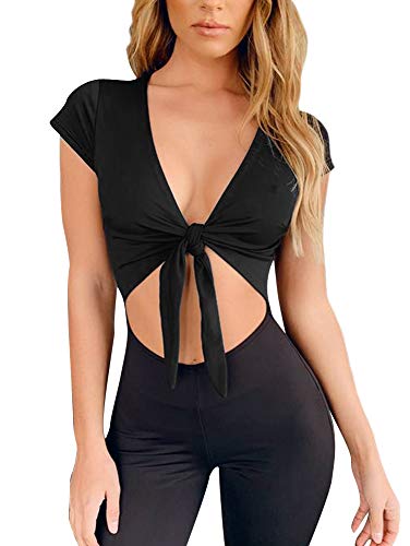 LCNBA Deep v Neck Short Sleeve Crop Top,Bandage Cross Wrap Tie Up Crop Tops Black - Image 2