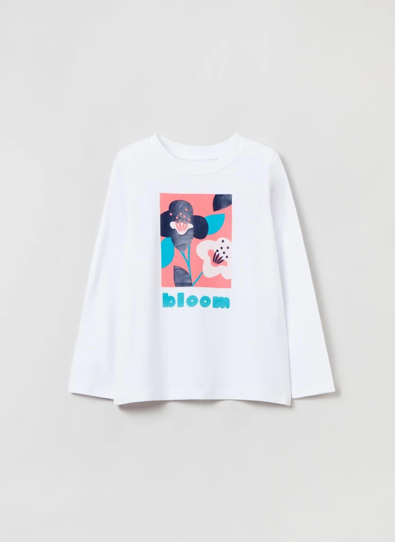 او في اس Ovs Stretch Cotton T-Shirt With Flower Print