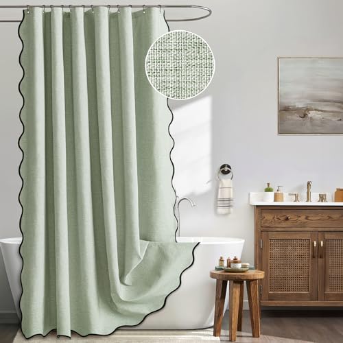 MIULEE 84" Long Scalloped Shower Curtain Linen Textured with 12 Metal Hooks Cute Extra Long Heavy Duty Washable Waterproof Cloth Spring Shower Curtains with Black Border for Bathroom Hotel,Sage Green