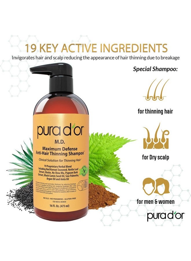 PURA D'OR 16 Oz MD Anti-Hair Thinning Maximum Defense Shampoo - 0.5% Coal Tar, Biotin, 19+ DHT Herbal Blend For Dry & Itchy Scalp, No Sulfates - For Men & Women - Image 2