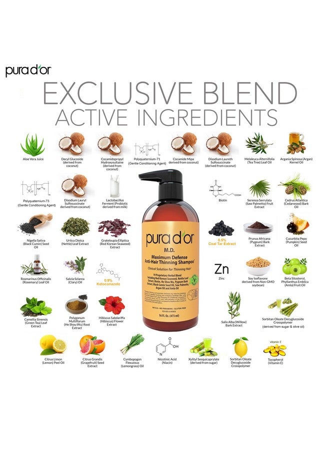 PURA D'OR 16 Oz MD Anti-Hair Thinning Maximum Defense Shampoo - 0.5% Coal Tar, Biotin, 19+ DHT Herbal Blend For Dry & Itchy Scalp, No Sulfates - For Men & Women - Image 3