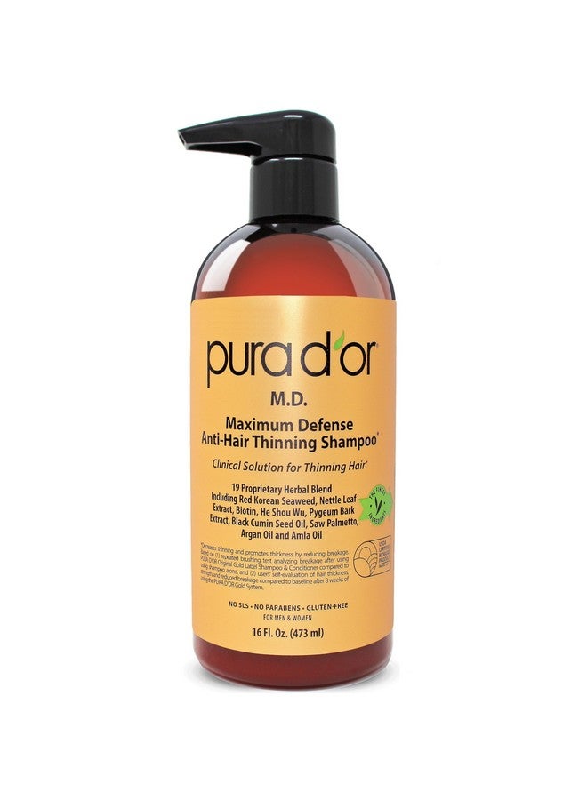 PURA D'OR 16 Oz MD Anti-Hair Thinning Maximum Defense Shampoo - 0.5% Coal Tar, Biotin, 19+ DHT Herbal Blend For Dry & Itchy Scalp, No Sulfates - For Men & Women - Image 1