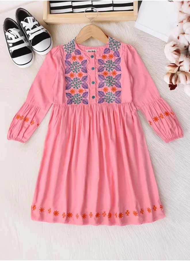 بيلا مودا Bella Moda Embroidered 3/4 Sleeves Cotton Dress with Button Front