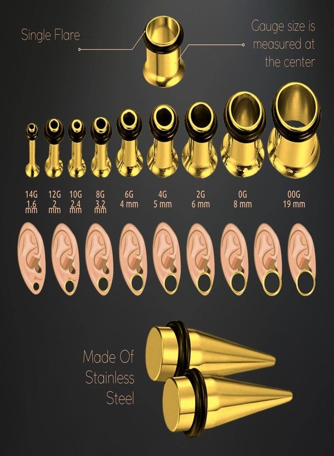BodyJ4You 36PC Ear Stretching Kit - Beginner Gauges 14G-00G Starter Set - Goldtone Stainless Steel Tapers Single Flare Plugs Tunnels O-Rings - Women Eyelet Mens Earrings Expander Piercing Jewelry - Image 3