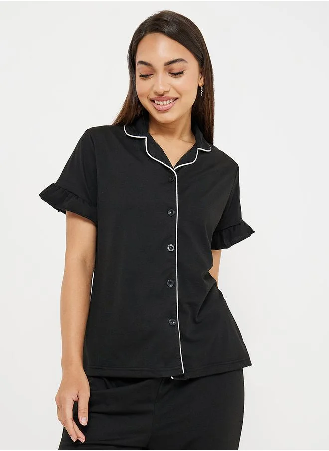 ستايلي Ruffle Sleeve Contrast Piping Shirt & Pyjama Set