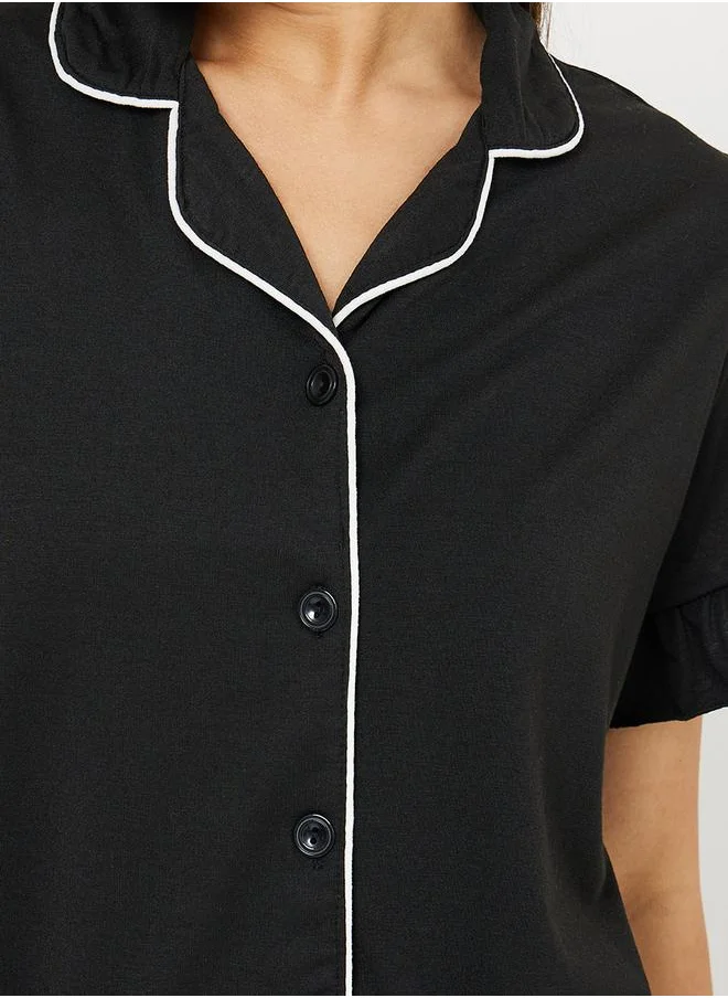 ستايلي Ruffle Sleeve Contrast Piping Shirt & Pyjama Set