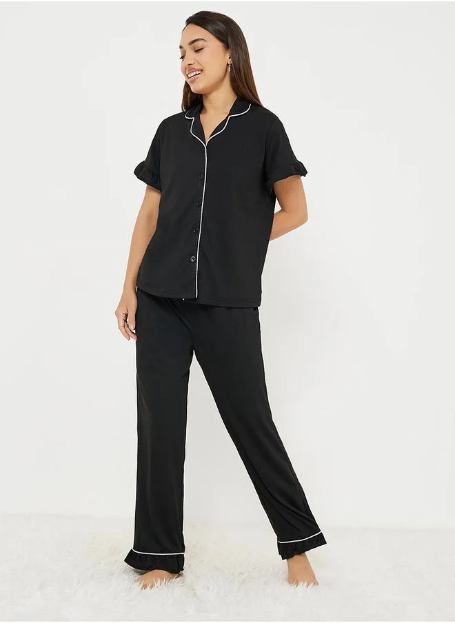 ستايلي Ruffle Sleeve Contrast Piping Shirt & Pyjama Set