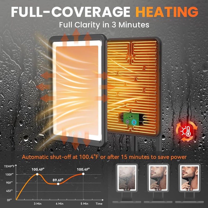 DeLanges LED Shower Mirror Fogless for Shaving - Heated Fog Free, 3 Dimmable Lights, 360° Adjustable, Rechargeable, Drill Free - with Storage Tray, Razor & Shaving Brush Holders,Gifts for Men - Image 4