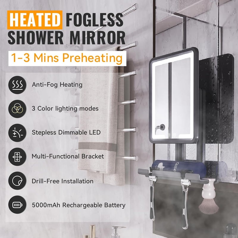 DeLanges LED Shower Mirror Fogless for Shaving - Heated Fog Free, 3 Dimmable Lights, 360° Adjustable, Rechargeable, Drill Free - with Storage Tray, Razor & Shaving Brush Holders,Gifts for Men - Image 2