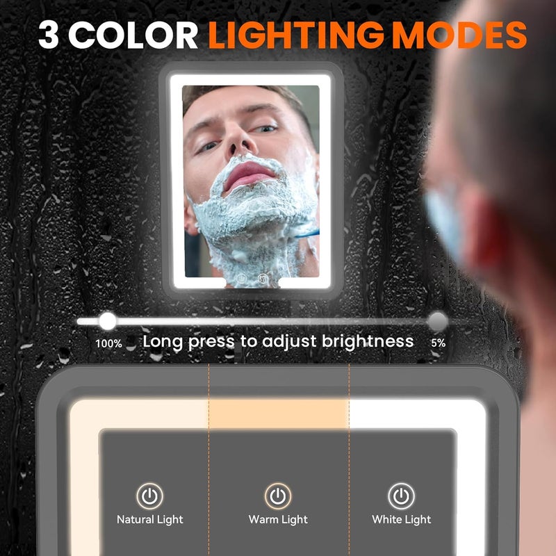 DeLanges LED Shower Mirror Fogless for Shaving - Heated Fog Free, 3 Dimmable Lights, 360° Adjustable, Rechargeable, Drill Free - with Storage Tray, Razor & Shaving Brush Holders,Gifts for Men - Image 5