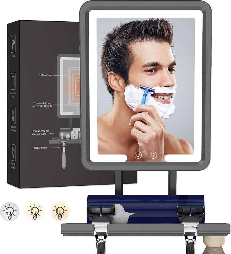 DeLanges LED Shower Mirror Fogless for Shaving - Heated Fog Free, 3 Dimmable Lights, 360° Adjustable, Rechargeable, Drill Free - with Storage Tray, Razor & Shaving Brush Holders,Gifts for Men - Image 1