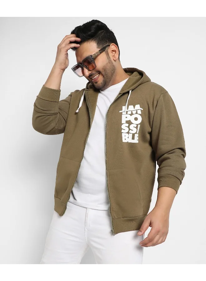 Instafab Plus Instafab Plus Men's Olive Green Zip-Front Impossible Hoodie With Contrast Drawstring