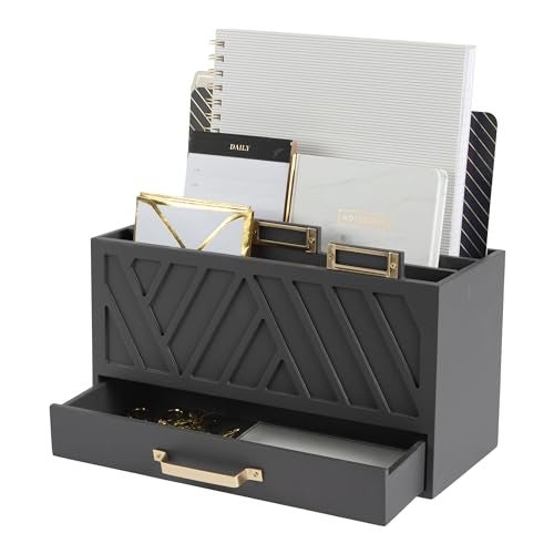 BLU MONACO Grey Desktop Mail Organizer  ThreeTiered with Gold Label Holders and Drawer  Stylish Mail Holder and Countertop Document Storage for Home or Office
