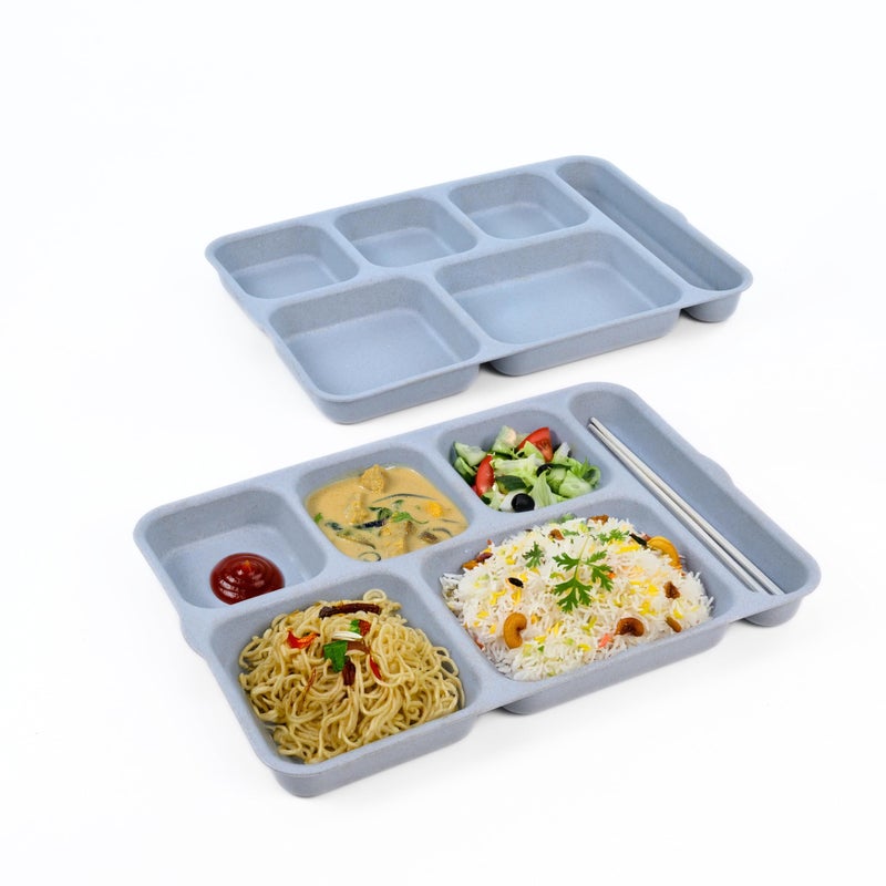 Eha Earth Friendly 6 Partition Plates Set of 2 | 14 Inch | Made With Rice Husk | Breakfast, Lunch, Dinner | Unbreakable | Microwave Safe | Azure - Image 1