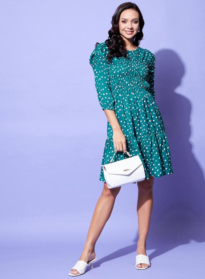 ستايل ستون فستان بطول الركبة بطبعة نقاط بولكا وتفاصيل مزمومة - Image 3