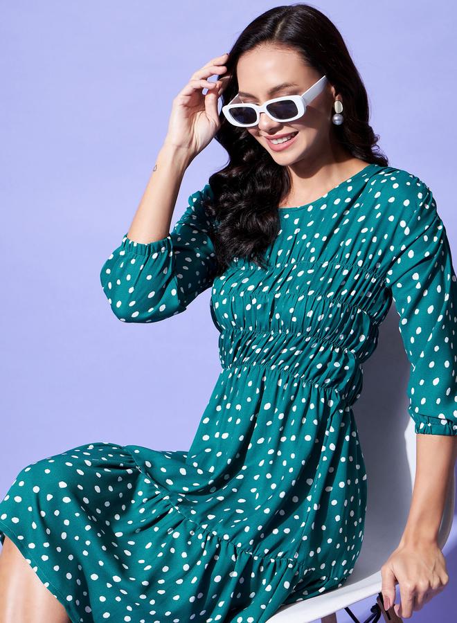 ستايل ستون فستان بطول الركبة بطبعة نقاط بولكا وتفاصيل مزمومة - Image 1