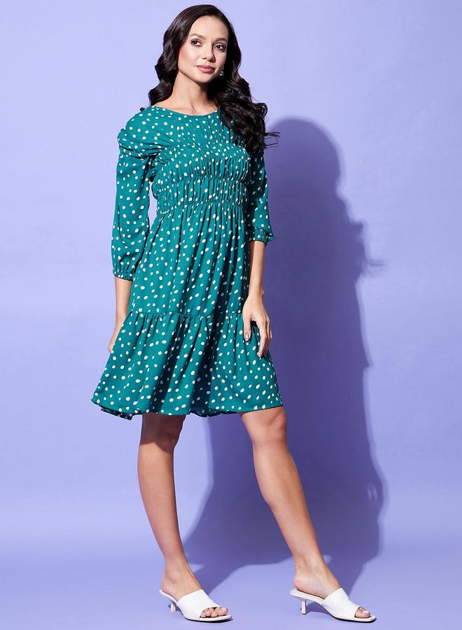 ستايل ستون فستان بطول الركبة بطبعة نقاط بولكا وتفاصيل مزمومة - Image 5