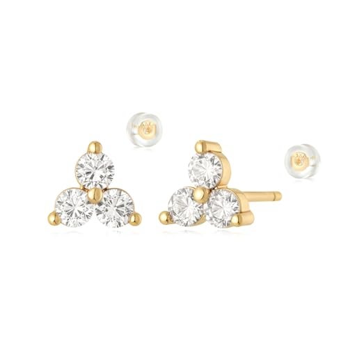 MYEARS Women Trio Earrings Gold Flower Stud Three-stone Cubic Zirconia 14K Small Simple Hypoallergenic Everyday Jewelry - Image 1