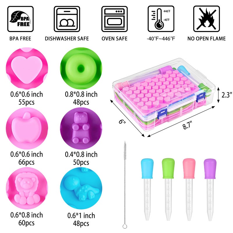 CLUEWR 6 Pcs Mini Gummy Candy Molds Set, Silicone Bear Donut Dinosaur Fruit Snack Molds with 4 Droppers, Storage Box and Brush for Small Jello Candy Chocolate Gummy - Image 2