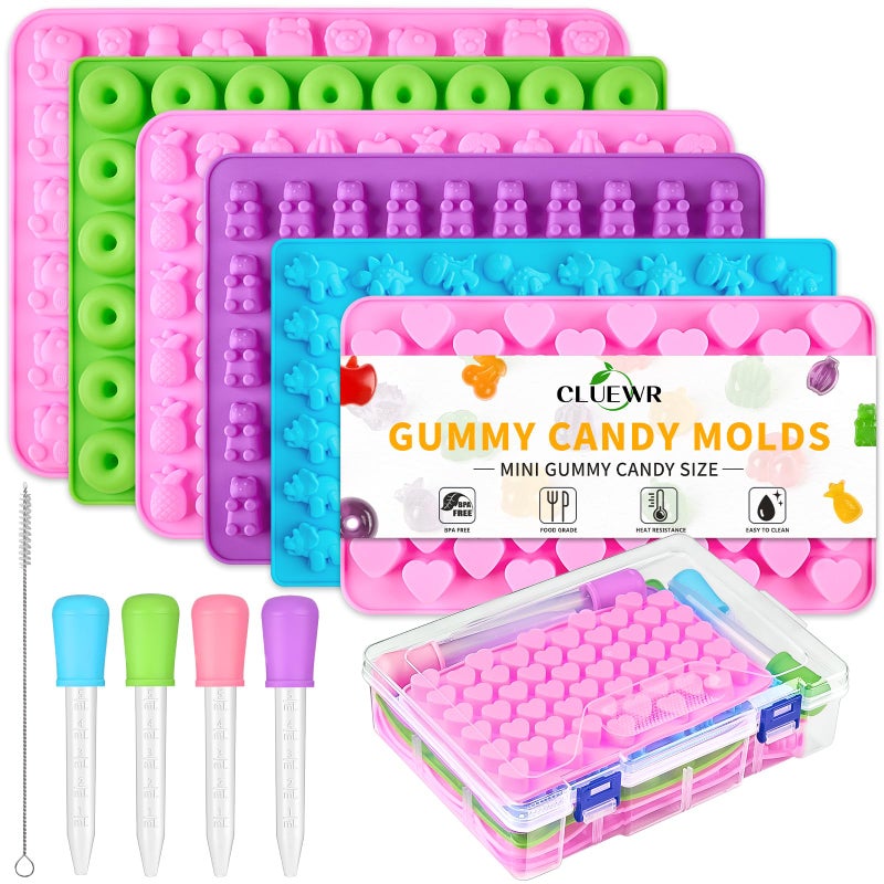 CLUEWR 6 Pcs Mini Gummy Candy Molds Set, Silicone Bear Donut Dinosaur Fruit Snack Molds with 4 Droppers, Storage Box and Brush for Small Jello Candy Chocolate Gummy - Image 1