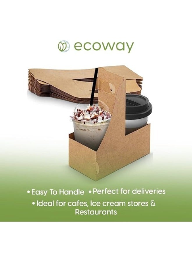 ايكواي Ecoway 2 Cup Disposable Drink Carrier Handle Made With Kraft Paper Coffee Cup Holder Eco-Friendly Biodegradable Compostable Take Out Café and Restaurant Hot and Cold Cup Holder - Pack Of 25, Brown  - Image 4