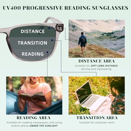 DEHOTRE Progressive Multifocal Reading Sunglasses Men No Line Bifocal Sun Readers with Core Wire Zero Top Spring Hinge UV400 Grey 2.50 - Image 2