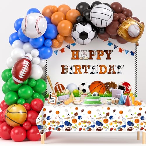 Winrayk 130Pcs Sports Birthday Party Decorations Supplies Sports Balloon Arch Backdrop Tablecloth Football Soccer Baseball Glove Basketball Volleyball Balloon Kid Sport Themed Birthday Party Supplies - Image 1