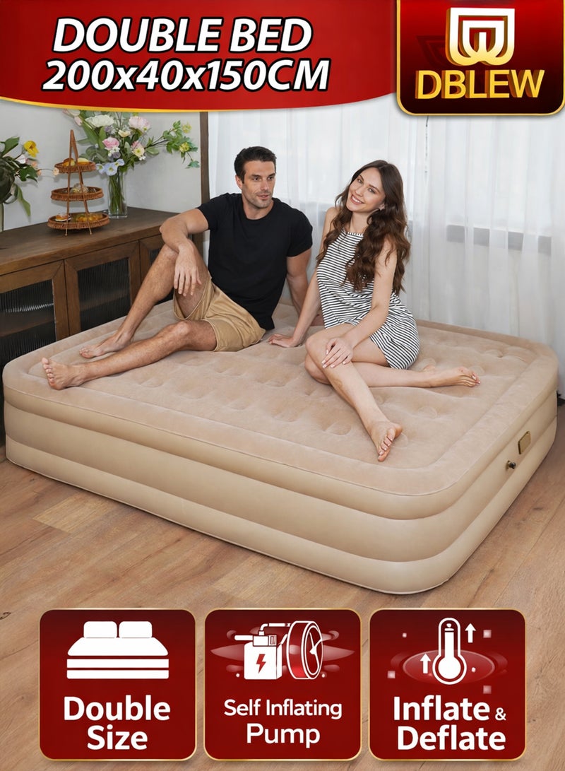 DBLEW Double Size Air Mattress With 2 Air Pillows Durable Inflatable Camping Bed Sleeping Mat with Built in Rechargeable Air Pump Self Inflation Waterproof Blow up Airbed One Button Inflate and Deflate for Home, Outdoor Adventures, Hiking, Travel, Sleepovers, Picnics, and Guest Bed Use Ultra Plush Technology 200x40x150cm - Image 1