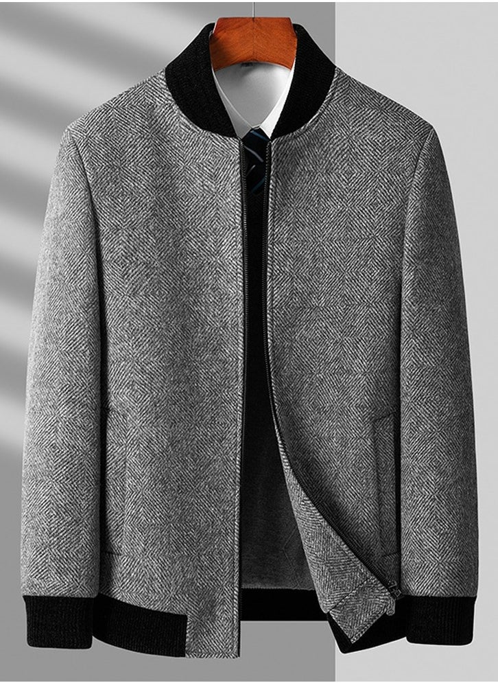 Loquat - Men's Woolen Zippered Slim Fit Jacket Coat Stand Collar Casual Overcoat With Thick Inner Linning Gray - Image 1