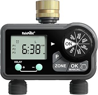 RAINPOINT Sprinkler Timer 2 Zone,Brass Water Timer with 6 Programmable Procedure Rain Delay/Manual/Automatic - Image 1