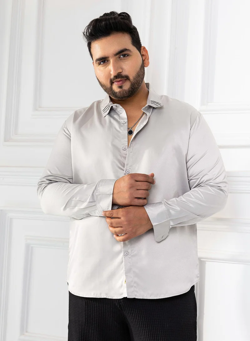 Instafab Plus Men's Coin Grey Pleated-Collar Shirt For Casual Wear | Spread Collar | Long Cuffed Sleeves | Button Closure | Plus Size Shirt Crafted With Comfort Fit For Everyday Wear
