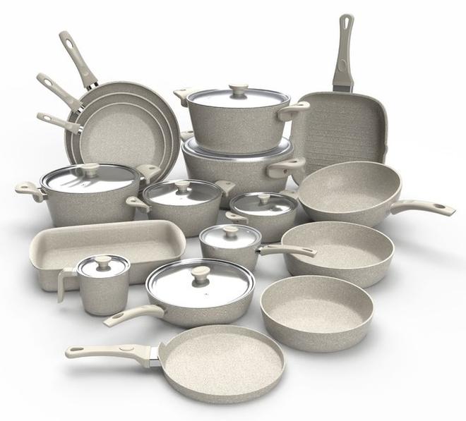 Cooking Set 25Pieces Pot(16-20-24-26-30+ Fry Pan 20-24-30+ Grill 28+ Wok 28+Oven Tray26-30+ Oblong Tray 30 +Sauteuse 26+ Milkpot 16+Casserole 18 +Crepe Pan 28) Beige (Package May Vary)